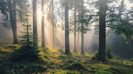 Naklejka premium Misty forest with sun rays breaking through the trees