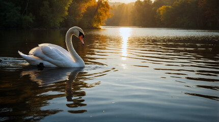 swan on the river, The image, a breathtaking photograph, captures their beauty with stunning clarity and detail. The swans' shimmering white feathers glisten in the golden light, their serene express