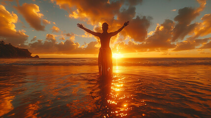 Fototapeta premium Performing the haka on a beach at sunrise or sunset, dramatic sky, intense emotions, natural beauty
