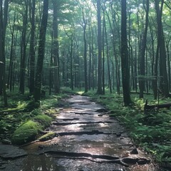 Fototapeta premium A serene path winds through a lush, misty forest, inviting a sense of exploration and tranquility