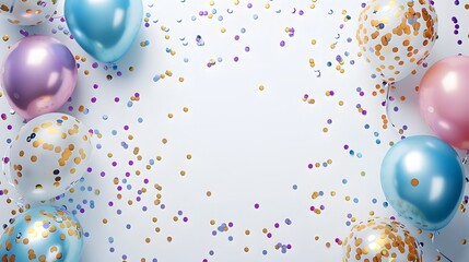 Shimmering balloon glitter paper confetti scattered elegantly on a plain white surface, leaving room in the center for personalized additions