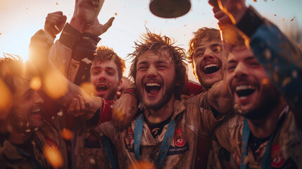 A rugby team in euphoria after winning a match, lifting a trophy, jumping with joy, bursts of happiness