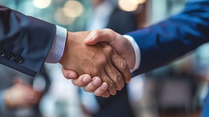Close-up of businessmen shaking hands in formal suits in a professional setting