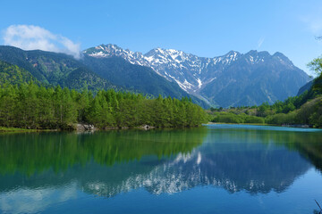 中部山岳国立公園、上高地。初夏の大正池。松本、長野、日本。5月下旬。