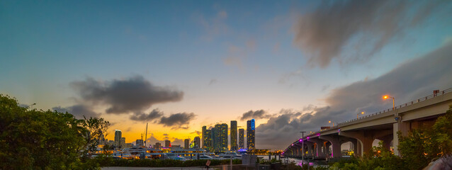 Downtown Miami and MacArthur Causeway at sunset