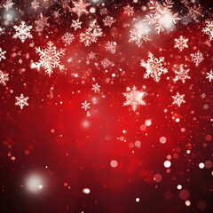 Red background with falling snowflakes. Christmas background. Generative AI.