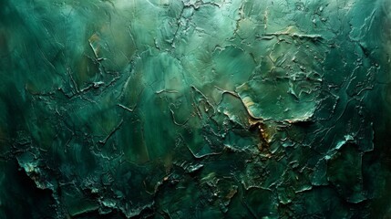 This image shows a textured abstract oil painting with a dynamic green color palette and crackled surface