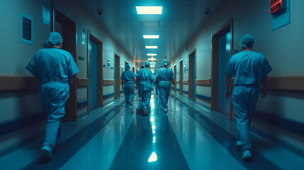 Fototapeta premium A team of medical professionals in scrubs confidently walks down a brightly lit hospital corridor, suggesting urgency and care