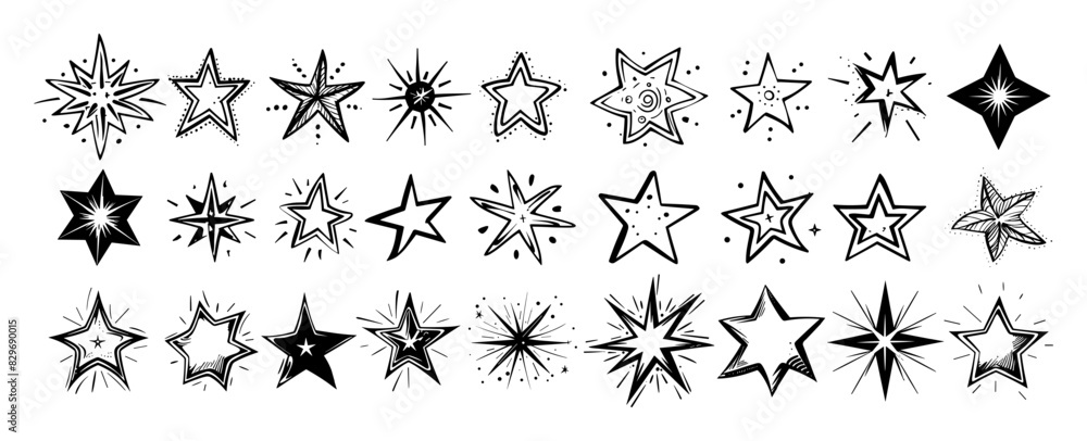 Poster stars ink sketch vector set. planet space symbol shimmer falling comet sky five pointed design eleme