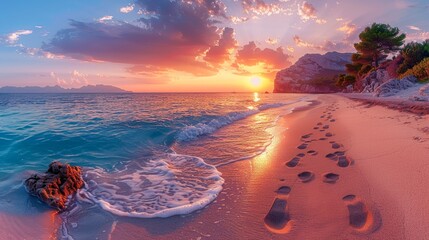 A tranquil beach at sunrise with footprints leading along the shore, waves gently lapping at the sand - Powered by Adobe