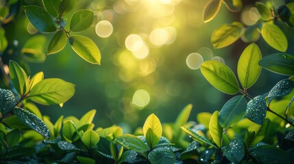 Dappled sunlight filters through dew-laden green leaves, evoking a sense of fresh, new life