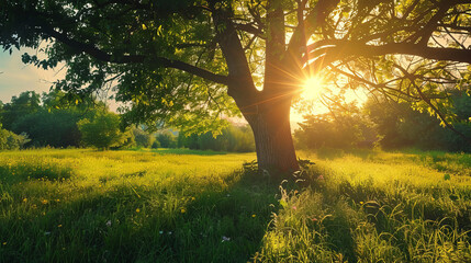 Beautiful sunrise in a green meadow with a large tree