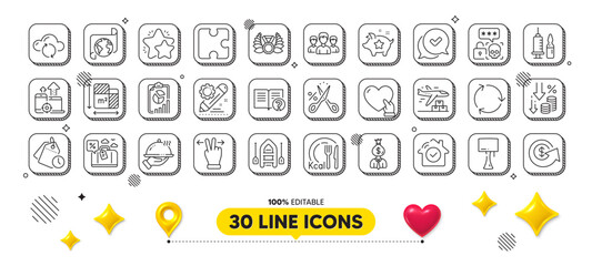 Translation service, Deflation and Recycling line icons pack. 3d design elements. Boat, Restaurant food, Puzzle web icon. Calories, Manager, Star pictogram. Vector