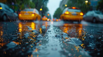 Close-up of wet road during a rain shower with traffic and city lights creating a reflective surface