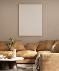 Blank large white poster frame on beige wall in living room with brown sofa, coffee table in...