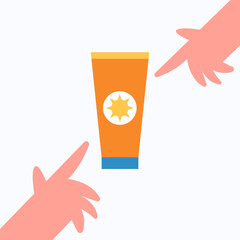 Sunscreen in a tube. Skin protection from solar ultraviolet radiation for people. Flat icon. Flat vector illustration.