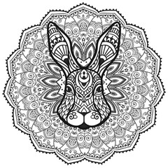 Rabbit head mandala. Vector illustration. Adult coloring page. Hare Animal in Zen boho style. Sacred, Peaceful. Tattoo print ornaments. Black and white