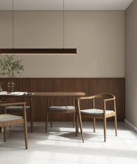 Modern, minimal brown wooden dining table, chairs, pendant light and tree in sunlight from window on luxury beige wall dining room for interior design decoration, product background 3D