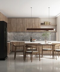 Modern, luxury kitchen with built in wooden cabinet, cupboard, white top island, pendant light and dining table, chairs in sunlight for cozy interior design decoration, product background 3D