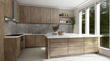 Modern, luxury kitchen with built in wooden cabinet counter, cupboard, white top island and gray...