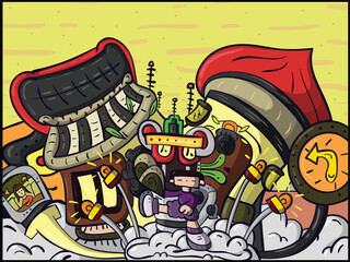 free doodle drawing with house and robot