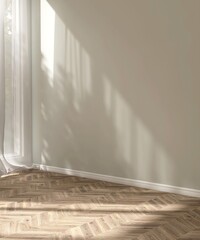 Empty beige wall room in sunlight from window, white sheer curtain ,tree shadow on baseboard, herringbone parquet floor for luxury, minimal interior design decoration, product background 3D
