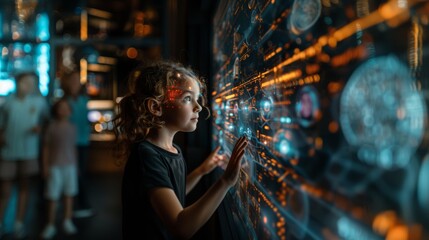 An individual engaging with a futuristic holographic interface displaying complex data