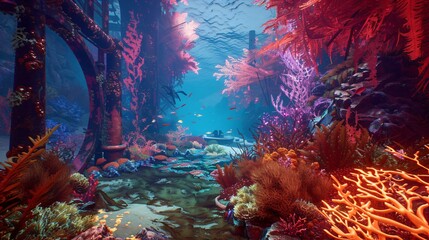 Exploration game: mesmerizing underwater world setting. Dive into deep ocean, discover vibrant coral reefs, ancient shipwrecks, mysterious sea creatures.