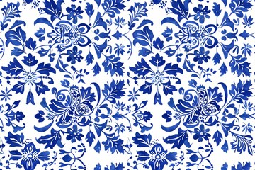 Seamless Pattern with Santorini-Inspired Blue and White Tile Designs Intricate blue and white geometric patterns and delicate floral motifs are arranged in a sophisticated and elegant style. 