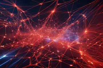 Obraz premium Dynamic digital network pulses with energy and connectivity, illuminated by bursts of lightning and vibrant red accents.