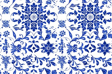 Seamless Pattern with Santorini-Inspired Blue and White Tile Designs Intricate blue and white geometric patterns and delicate floral motifs are arranged in a sophisticated and elegant style. 