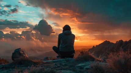 Person sitting on mountain witnessing sunset and dramatic sky