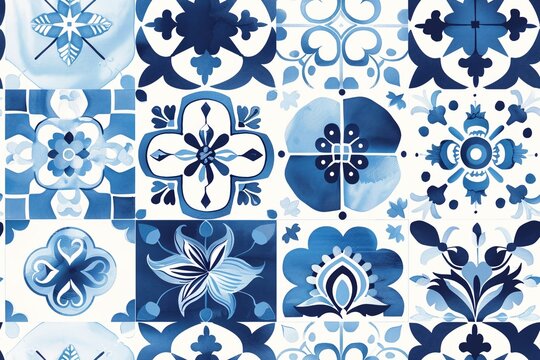 Seamless Pattern with Santorini-Inspired Blue and White Tile Designs Intricate blue and white geometric patterns and delicate floral motifs are arranged in a sophisticated and elegant style. 