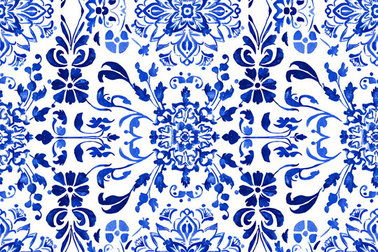Seamless Pattern with Santorini-Inspired Blue and White Tile Designs Intricate blue and white geometric patterns and delicate floral motifs are arranged in a sophisticated and elegant style. 