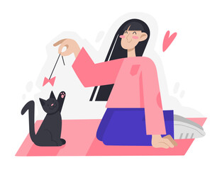 Girl plays with a black cat. Cute vector illustration