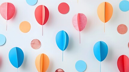 Glittery balloon-shaped anniversary celebration paper cutouts arranged creatively on a white backdrop, providing an opportunity for customized content in the middle