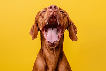 In a studio photo, a friendly Hungarian Vizsla dog is captured pulling a funny face, radiating charm and playfulness. This portrait perfectly captures the lovable and humorous nature of the dog. 