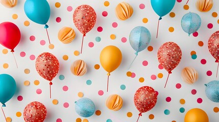 Glittery balloon-shaped anniversary celebration paper cutouts arranged creatively on a white backdrop, providing an opportunity for customized content in the middle