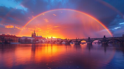 Stunning sunset behind Charles Bridge in Prague with a vibrant rainbow arching over the historic structures and river