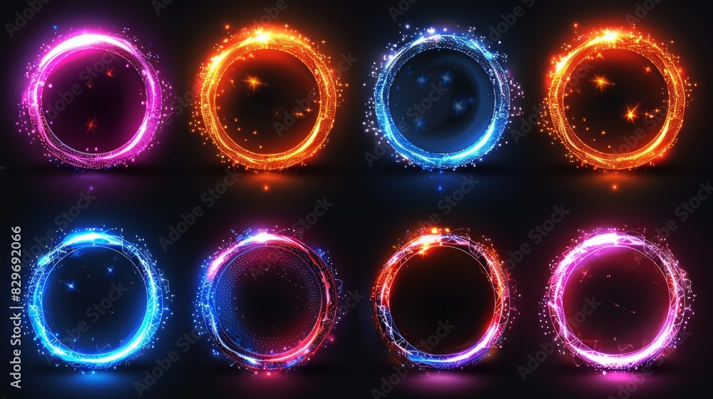 Poster a collection of eight vibrant, glowing circles with various sparkles and star patterns on a black ba