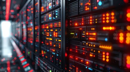 Obraz premium An array of illuminated server racks in a high-tech data center