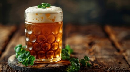 A chilled glass of beer with creamy foam on top, surrounded by green herbs on a wooden surface