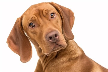 Fototapeta premium In a studio photo, a friendly Hungarian Vizsla dog is captured pulling a funny face, radiating charm and playfulness. This portrait perfectly captures the lovable and humorous nature of the dog. 