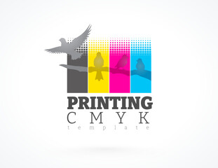 Logo CMYK. Printing theme. Birds are sitting on a branch,  and one bird has taken off, on the colored background.