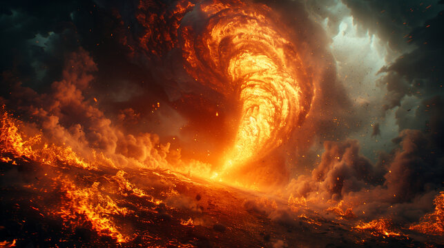 Tornado causing a fire with flames rising against dark clouds