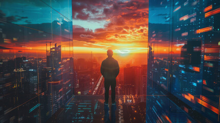 Man standing in modern cityscape at sunset with reflections