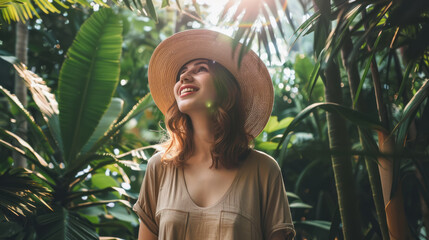 Young woman enjoying nature in lush green tropical garden