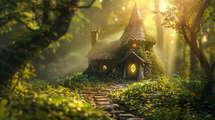 Cozy fairytale cottage in enchanted forest with sunlight