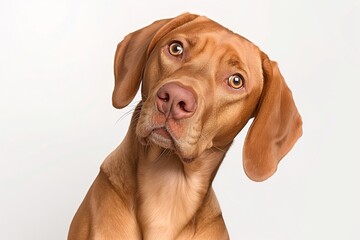 In a studio photo, a friendly Hungarian Vizsla dog is captured pulling a funny face, radiating charm and playfulness. This portrait perfectly captures the lovable and humorous nature of the dog. 