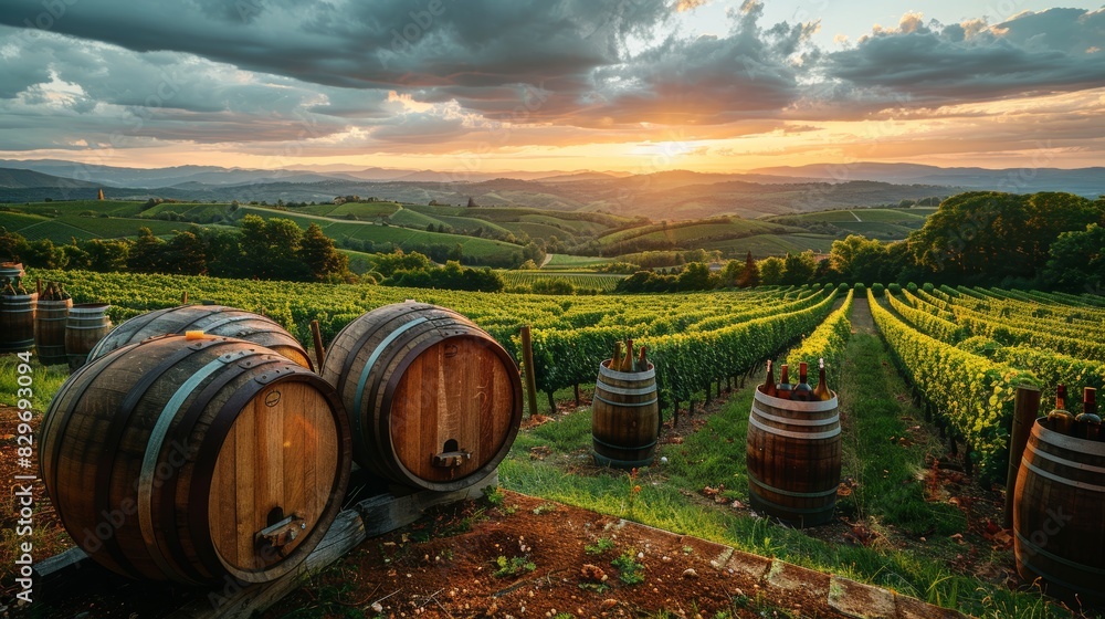 Wall mural A captivating sunset view over a vineyard with wine barrels in the foreground, symbolizing winemaking